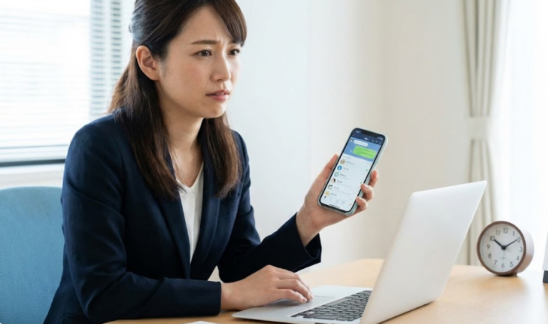 Temuの友達紹介キャンペーンのために、スマホでメッセージを送ろうか悩んでいる様子の女性